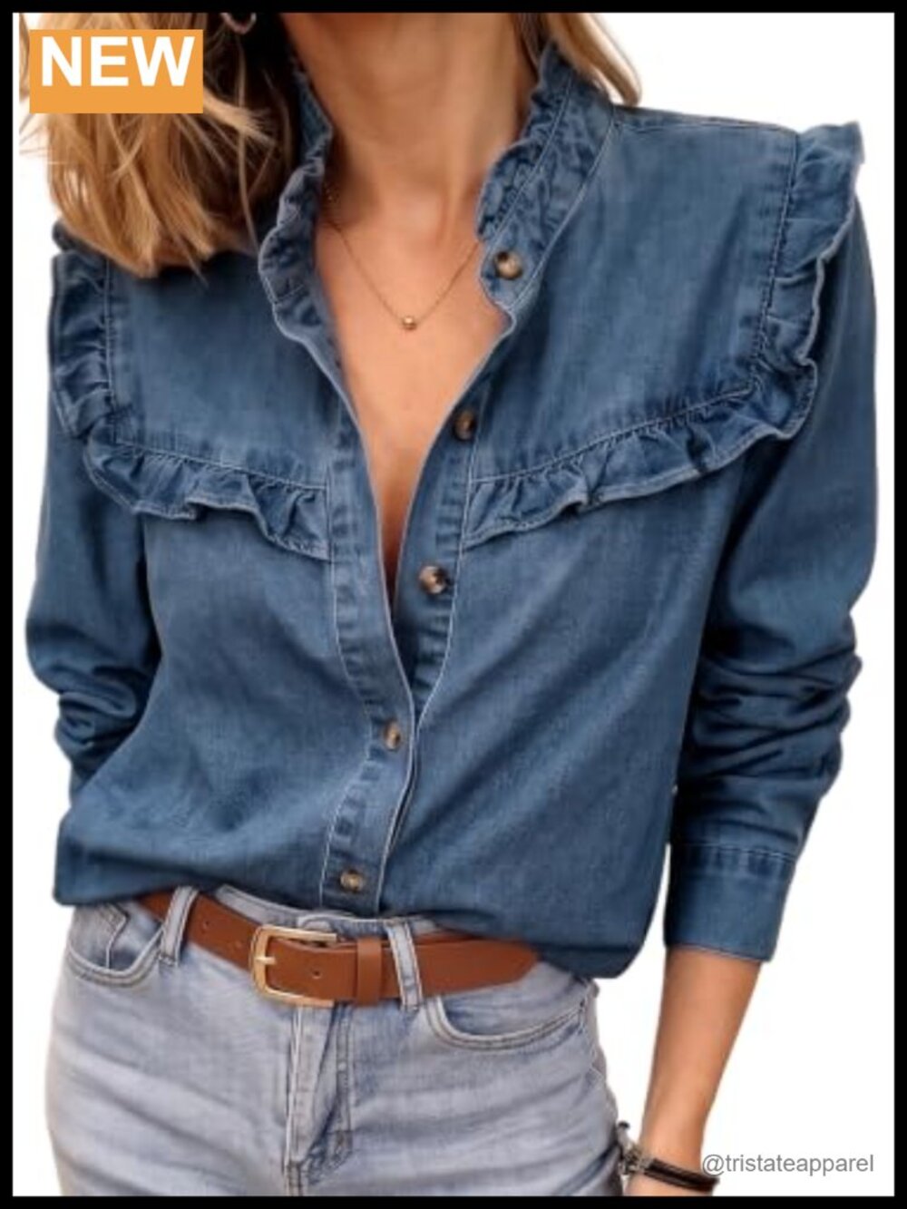 Women's Ruffle Collar Denim Shirt Button Down Long Sleeve Chambray Blouse